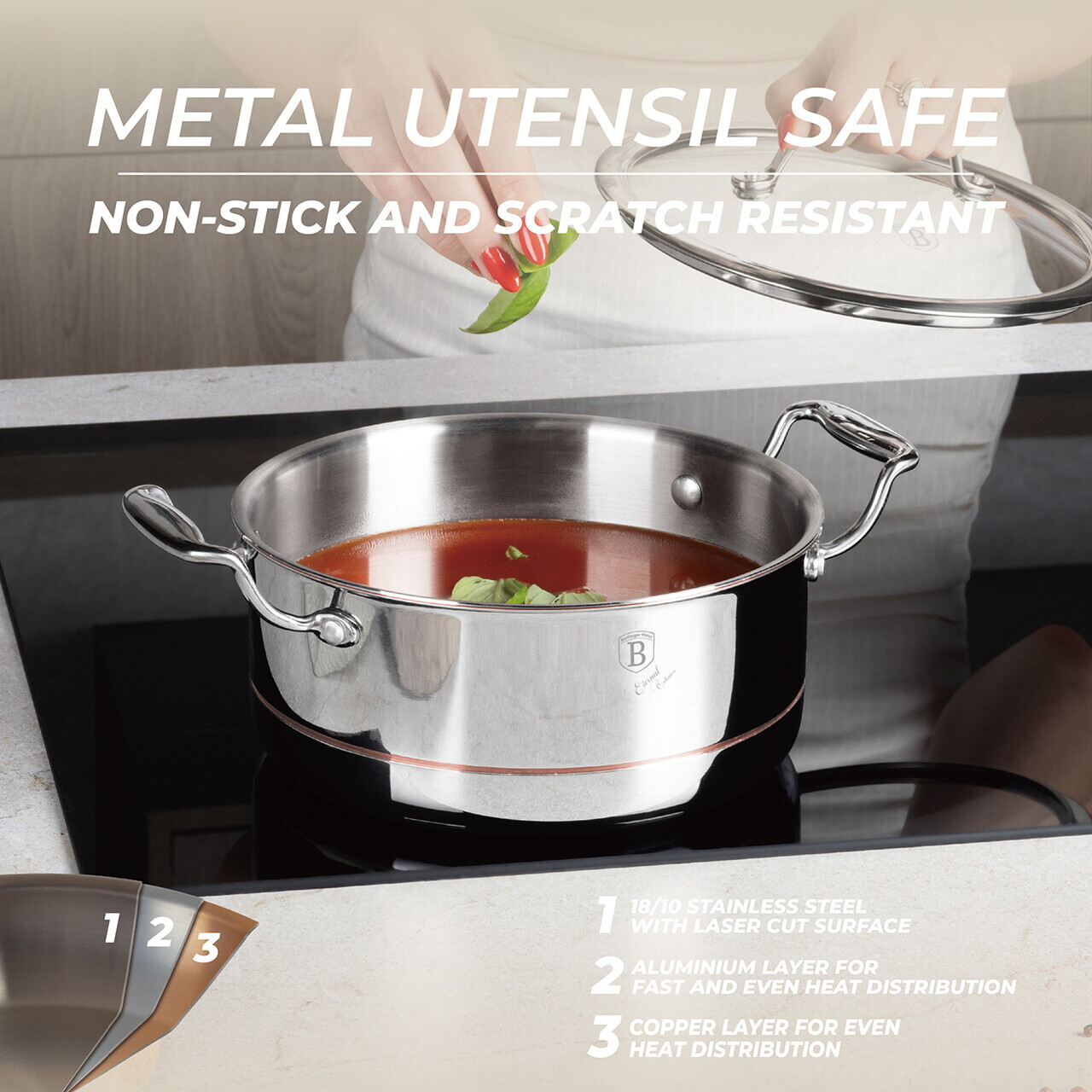 Oala cu capac Berlinger Haus, Copper Touch, 20 cm, inox/aluminiu, argintiu - imagine 9