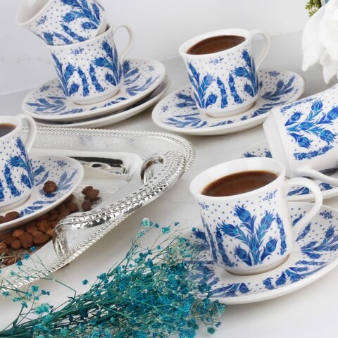 Set 6 cesti cu farfurie sb 003, helen porselen, ceramica, albastru