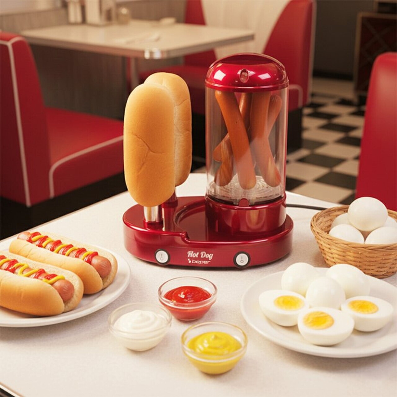 Aparat de preparat hot dog si fierbator oua 3 in 1 Beper 440W rosu