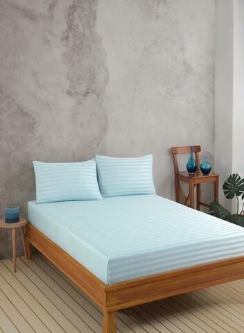 Set de pat dublu (cearceaf cu elastic si perne) 3 piese, Water Yollu Saten - Mint, EnLora Home, 70% bumbac/30% poliester