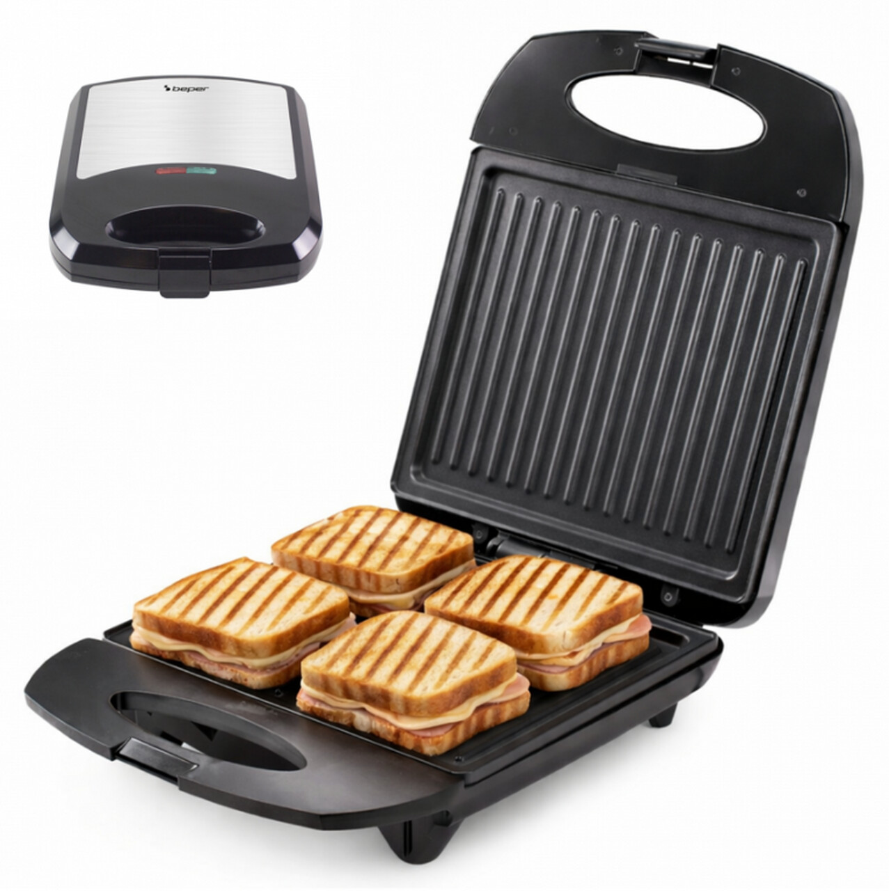 Sandwich maker Beper, 1400W, 26x32.5x10.8 cm, bachelita/otel, negru — imaginea 2