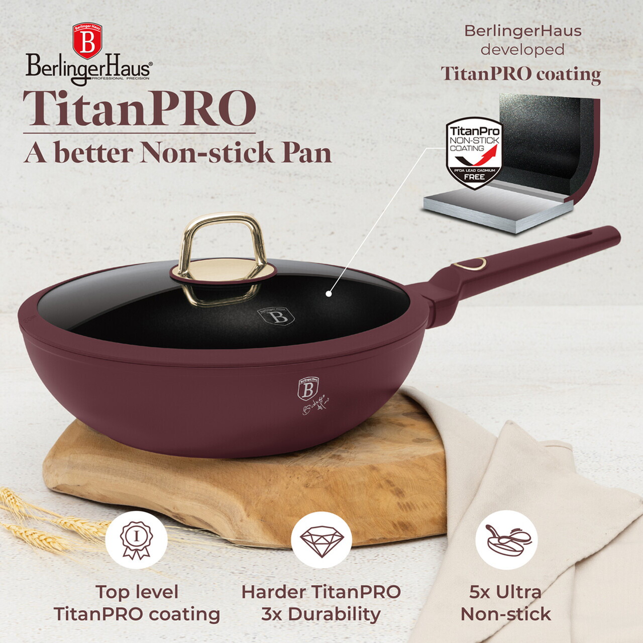 Tigaie Wok cu capac Berlinger Haus, Leonardo, 28 cm, 3.2 L, aluminiu forjat, visiniu mat - imagine 9