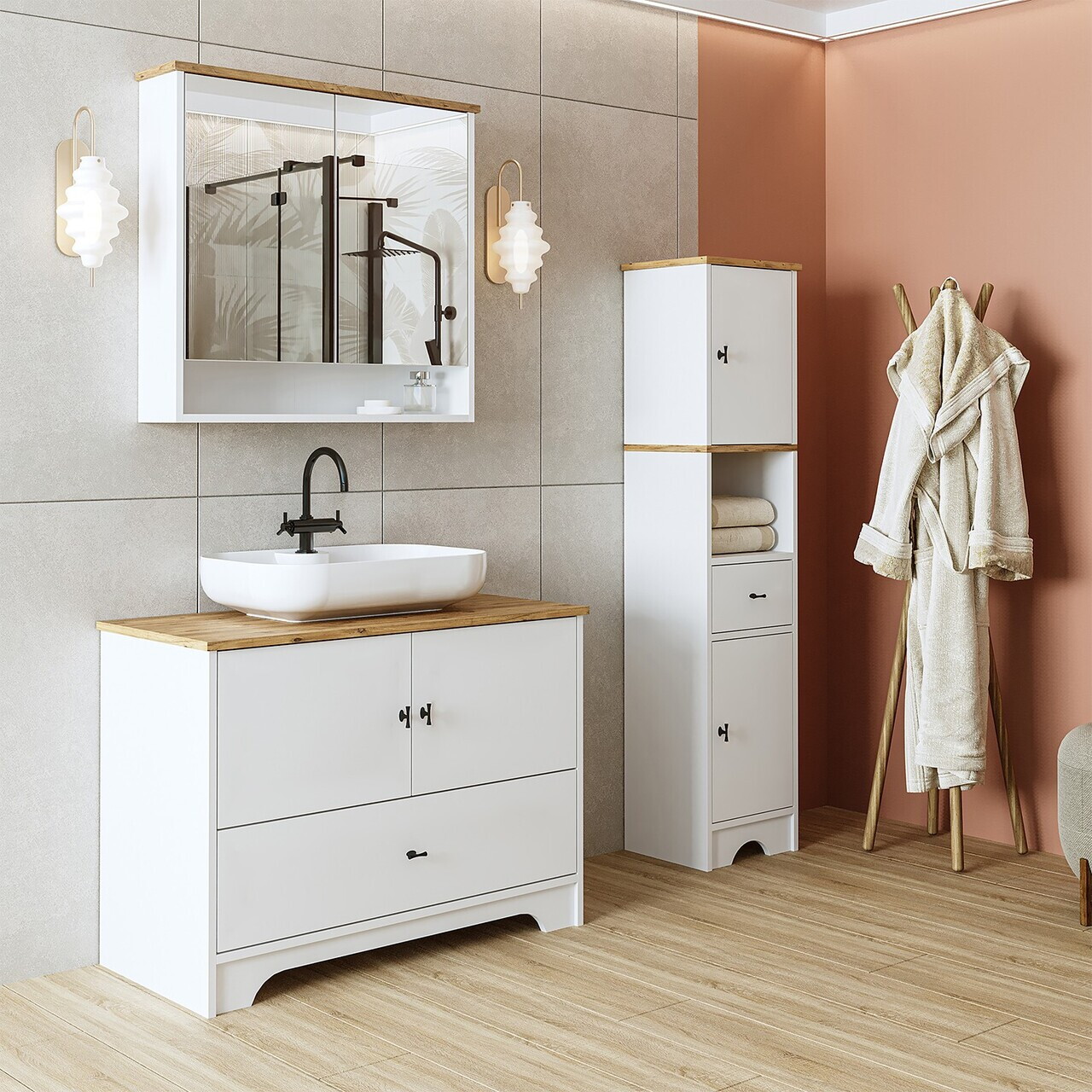 Set Dulap de Baie cu Chiuvetă și Oglindă (3 Piese), Hanah Home, 2397, MDF-LAM, Alb mat