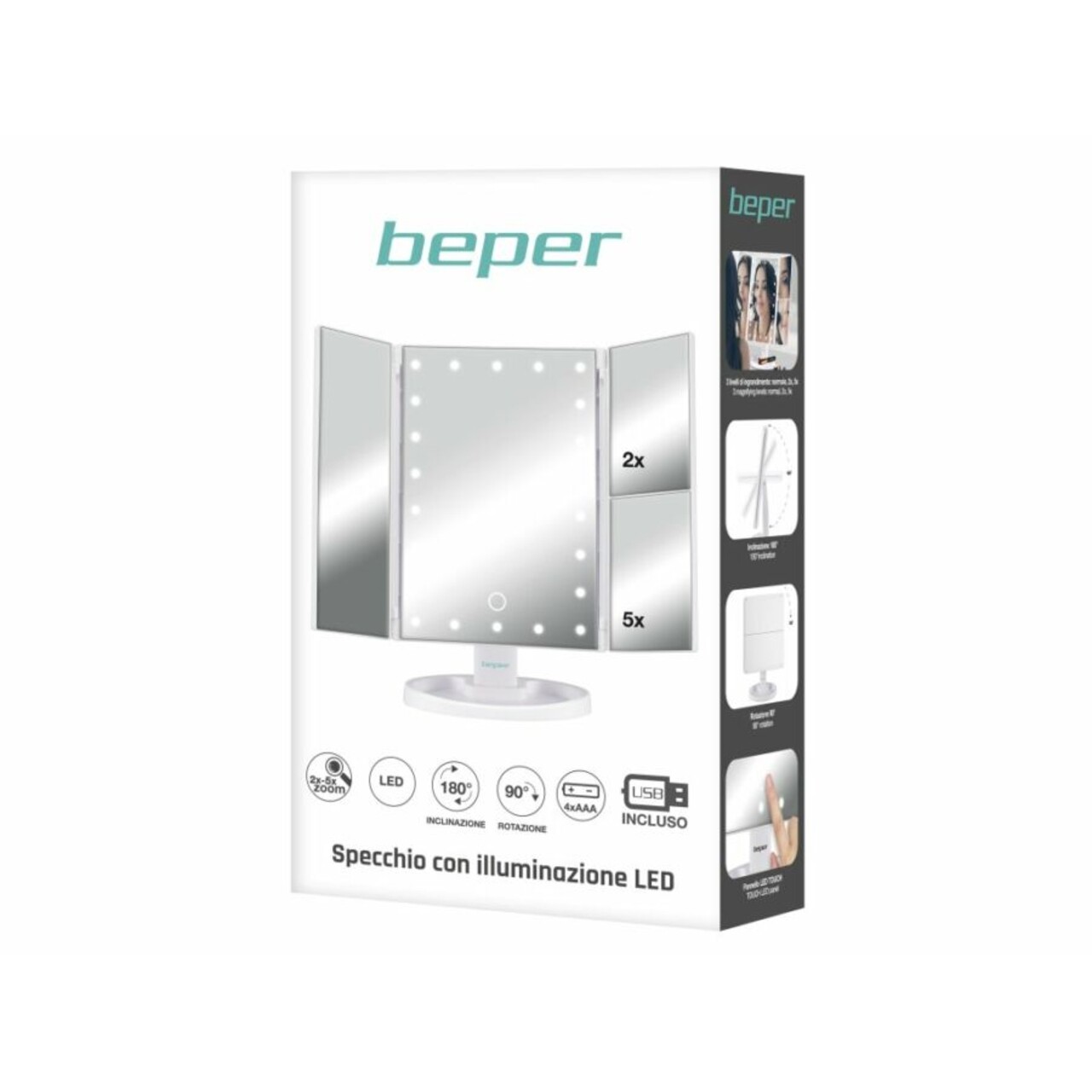 Oglinda pentru make-up cu lumina LED P302VIS050, Beper, 3 niveluri de marire