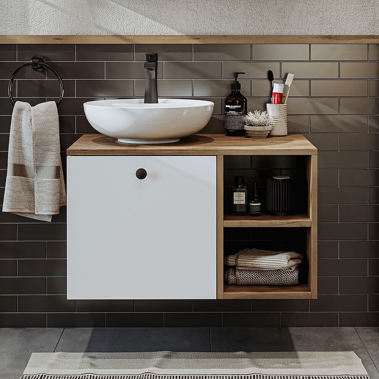 Dulap de baie cu chiuvetă, Hanah Home, 2456, 75x58x45 cm, MDF, Pin Atlantic / Alb — imaginea 2