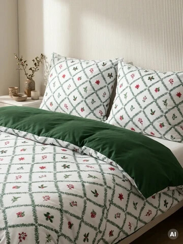 Lenjerie de pat dubla Tinsele, Homla, 160x200 cm, 3 piese, microfibra din poliester, alb/verde