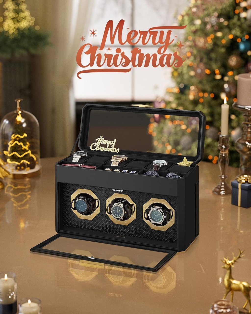 Cutie pentru ceasuri si ochelari de soare, Ronne Display, Songmics,  40x16.2x25.3 cm, piele ecologica, negru