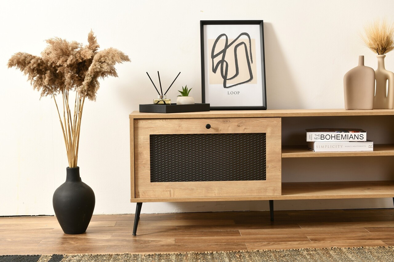 Comoda TV, Wolina, Wire 180, 180x55x41 cm, 100% PLANCĂ DE PARTICULAȚI VOLTATE, Stejar - 1 | YEO