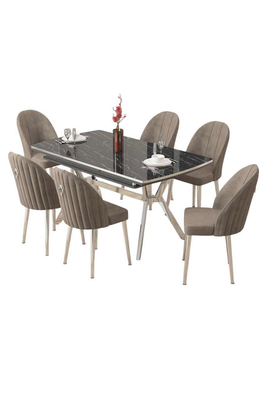Set masa extensibila si scaune (7 piese), Hanah Home, Sim, Model de marmură neagră / Crom / Cappuccino — imaginea 2