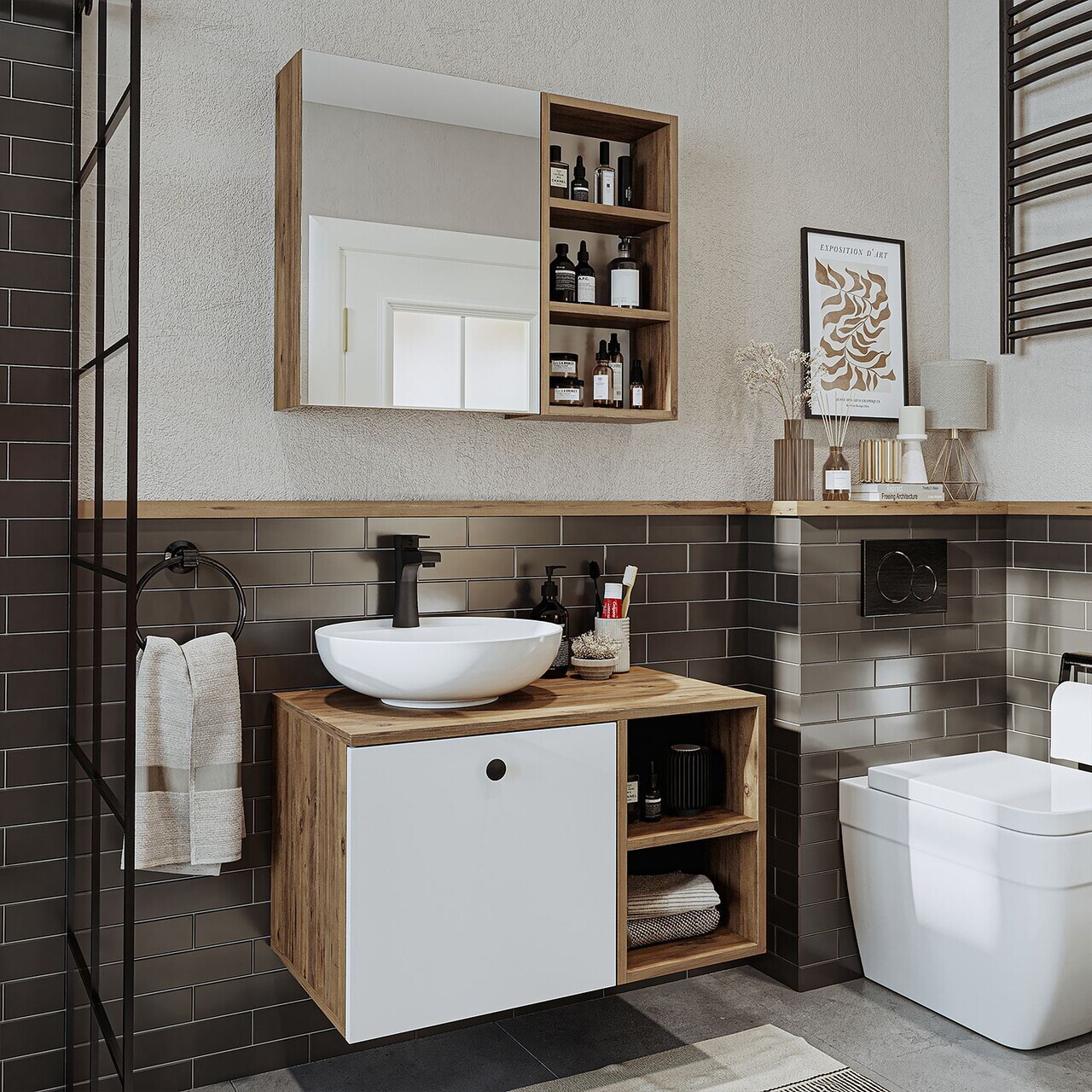 Set Dulap de Baie cu Chiuvetă și Oglindă (2 Piese), Hanah Home, 2478, MDF, Pin Atlantic / Alb — imaginea 2