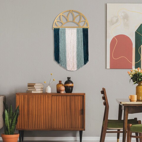 Decoratiune de perete, rise, macrame, metal, auriu / albastru / turcoaz / alb