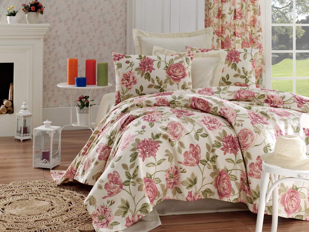 Set cuvertura pique Single, L'essentiel Maison, Care, Pink / Cream / Green