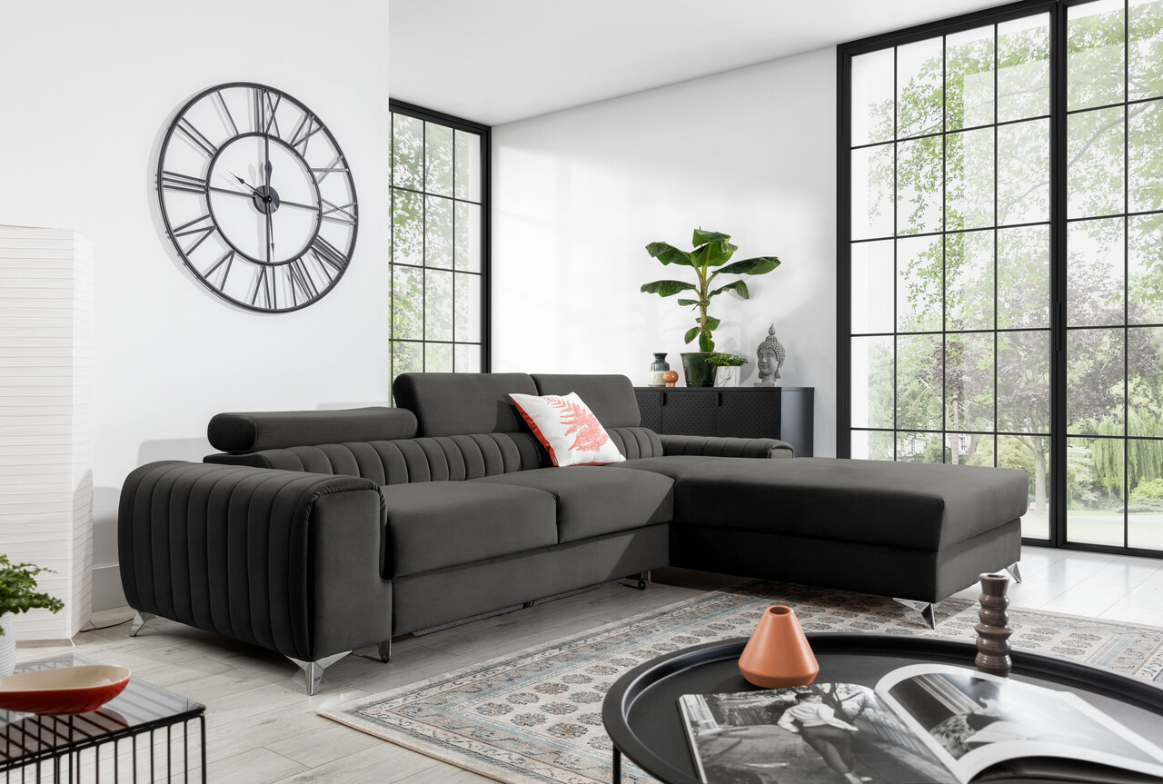 Coltar extensibil dreapta 3 locuri ELTAP, RT-05NU, Grayson, 278x205x92 cm, lemn/poliester, gri inchis