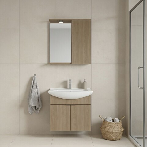 Set Dulap de Baie cu Chiuvetă și Oglindă (2 Piese), Hanah Home, Purus 65, Stejar