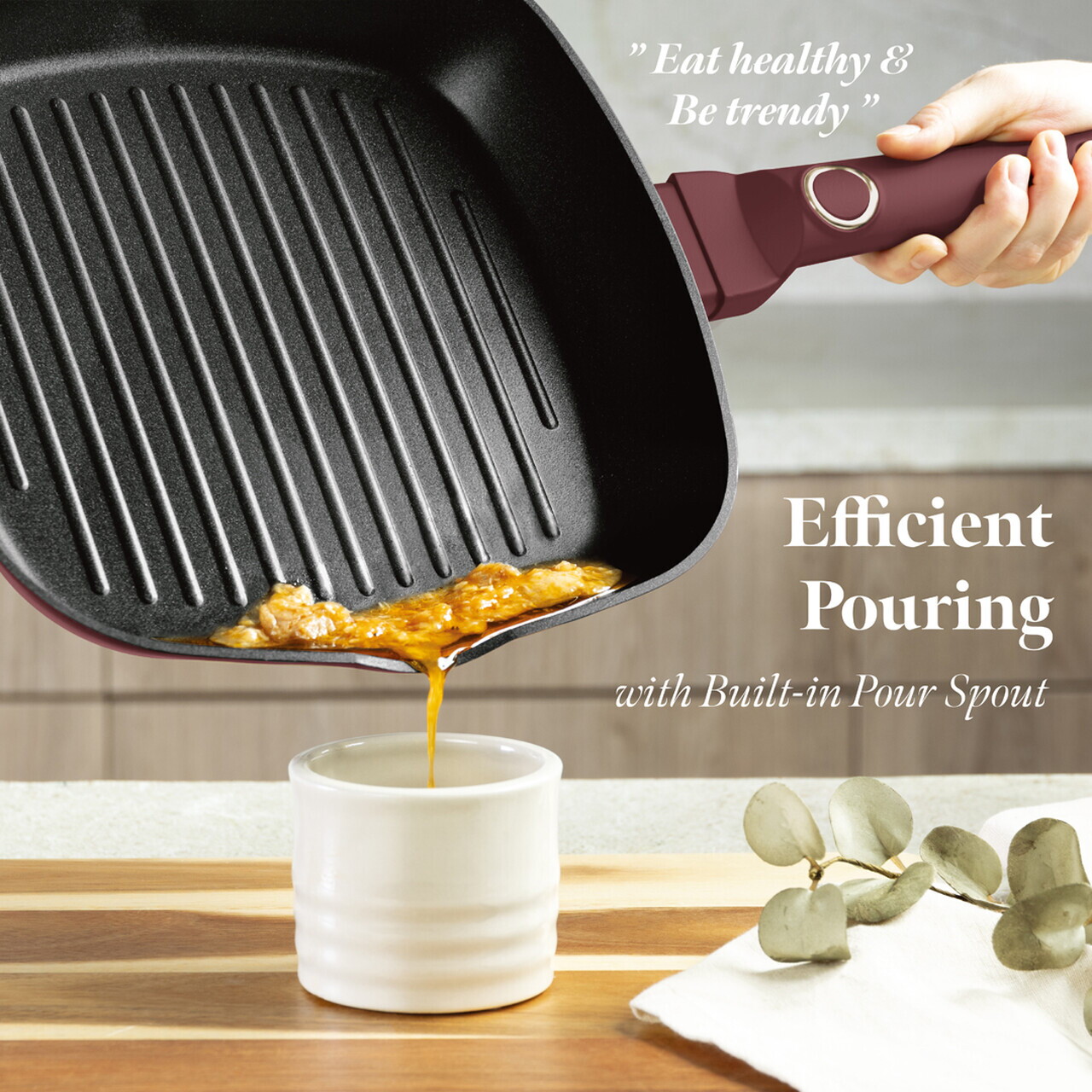 Tigaie grill Berlinger Haus, Leonardo, 28 cm, 2.1 L, aluminiu forjat, visiniu mat - imagine 9