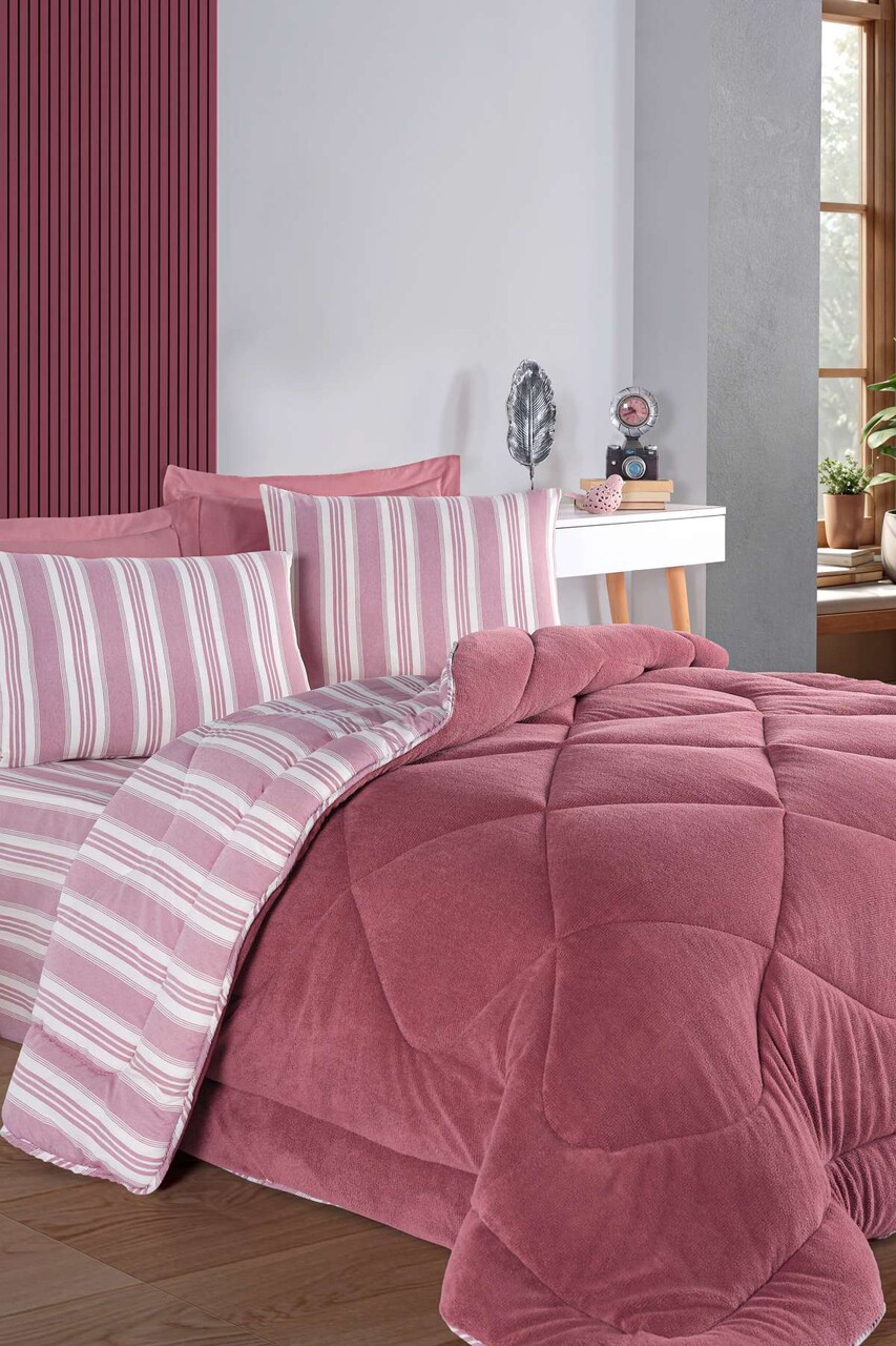 Set cuvertura dubla si perne, L'essentiel Maison, Soft Line, Rosu claret - view 2