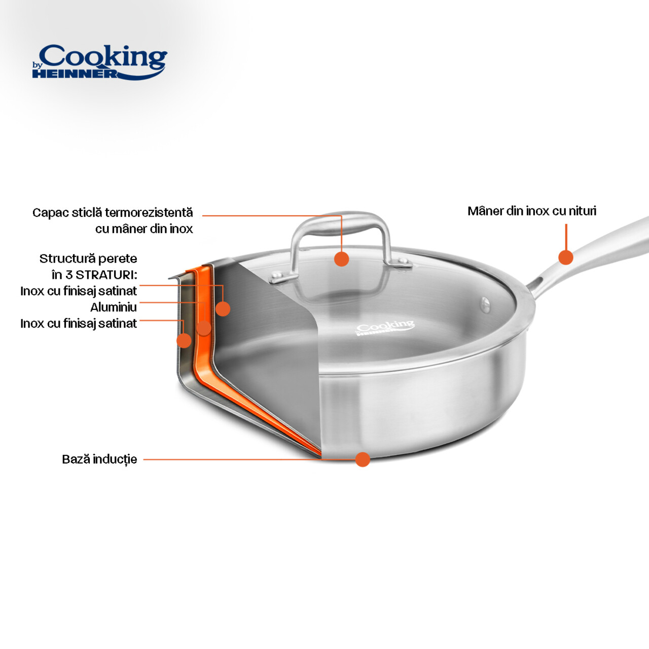 Tigaie adanca cu capac Atomic3, Cooking by Heinner, 28x7.5 cm, 4.2 L, inox/sticla, argintiu - imagine 6