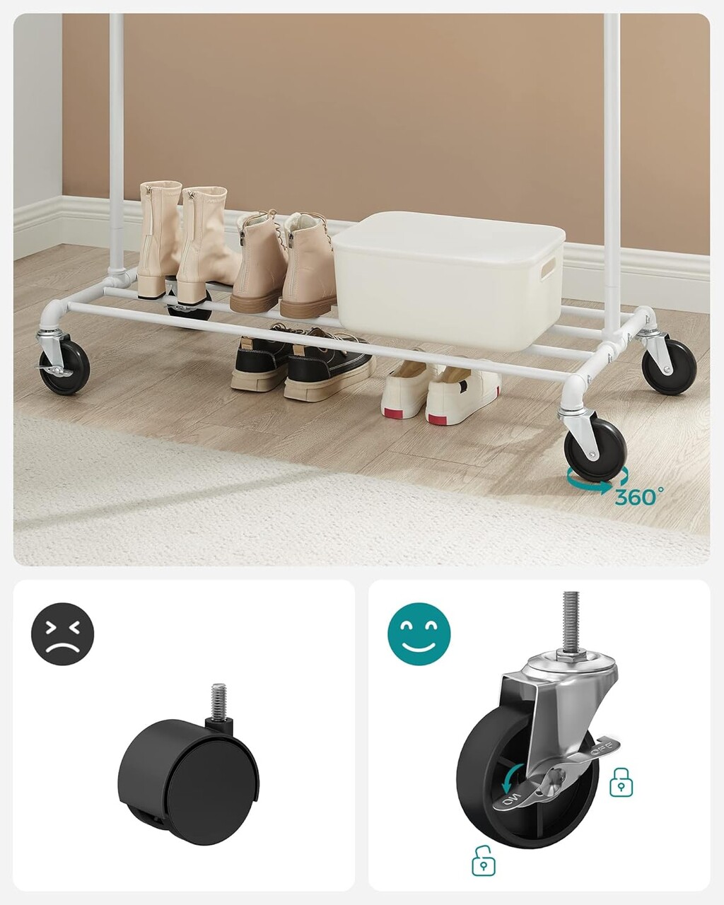 Suport mobil pentru umerase, Songmics, 100x49x163 cm, max 90 kg, otel, alb - imagine 3