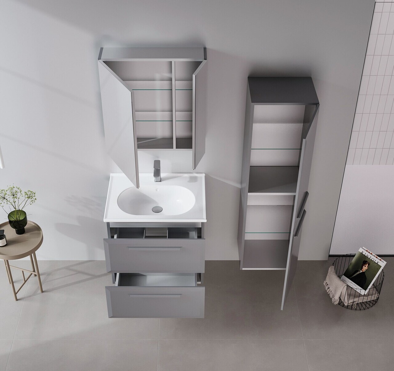 Set Dulap de Baie cu Chiuvetă și Oglindă (2 Piese), Hanah Home, Nuvola 65 v2, Gri — imaginea 3