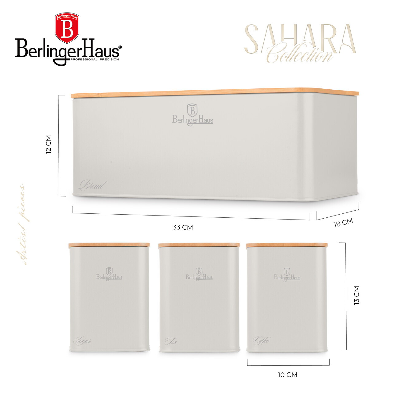Set cutie pentru paine si 3 recipiente Berlinger Haus, Sahara, 33x18x12 cm, otel carbon, crem mat/natur - imagine 6