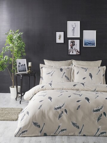 Lenjerie de pat dubla, 3 piese, 200×200 cm, 100% bumbac ranforce, Turkiz, Feather, crem Lenjerii de Pat