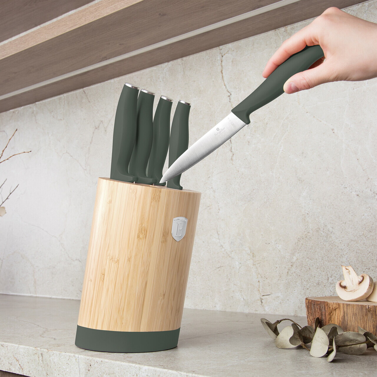 Set 5 cutite cu suport rotund Berlinger Haus, Matte Green, inox/bambus, verde mat/natur - imagine 8