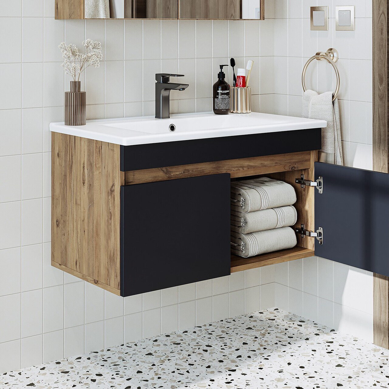 Dulap de baie cu chiuvetă, Hanah Home, 1910, 85x48x45.5 cm, MDF-LAM, Pin Atlantic / Antracit — imaginea 3