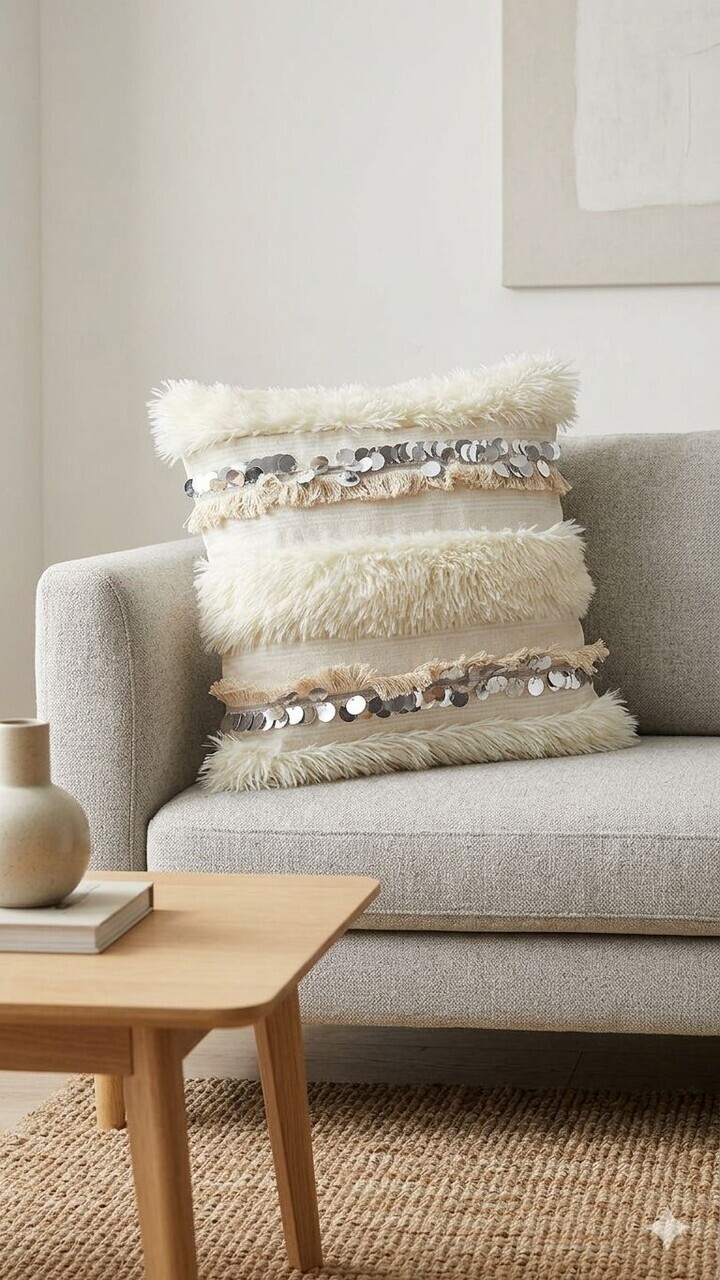 Husa de perna, Morocco 43, 43x43 cm, 65% POLIESTER RECICLAT/35% IN, Crem / Argintiu — imaginea 2