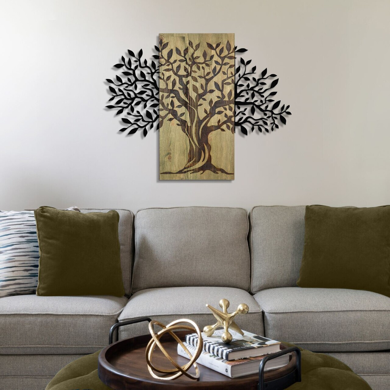 Decoratiune de perete, Arbre de Vie-2, Metal, Lemn, Verde/Negru