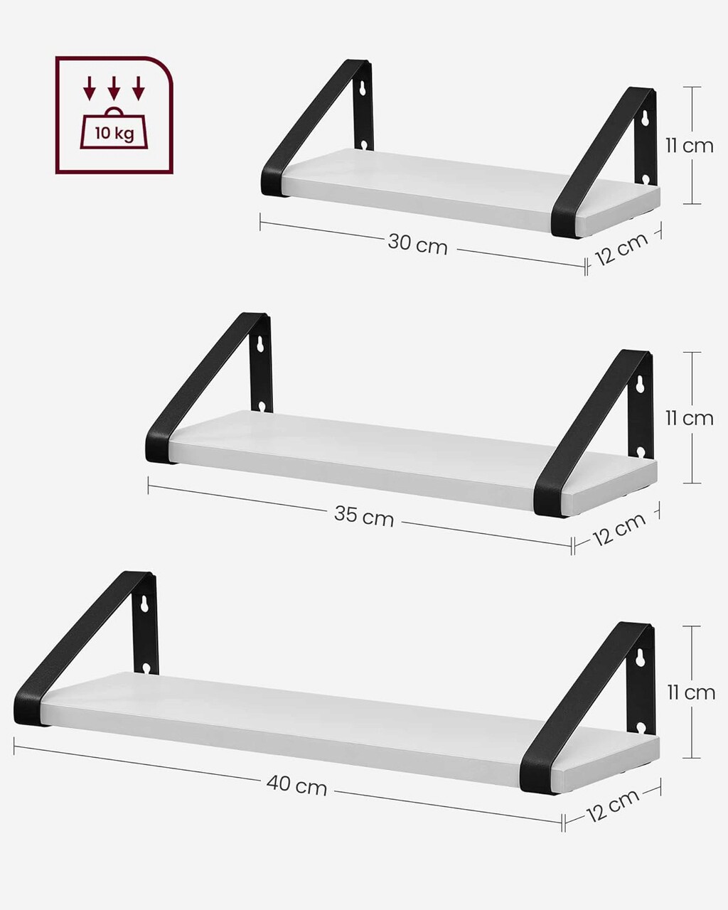 Set 3 rafturi de perete, Songmics, 30/35/40 cm, PAL, alb