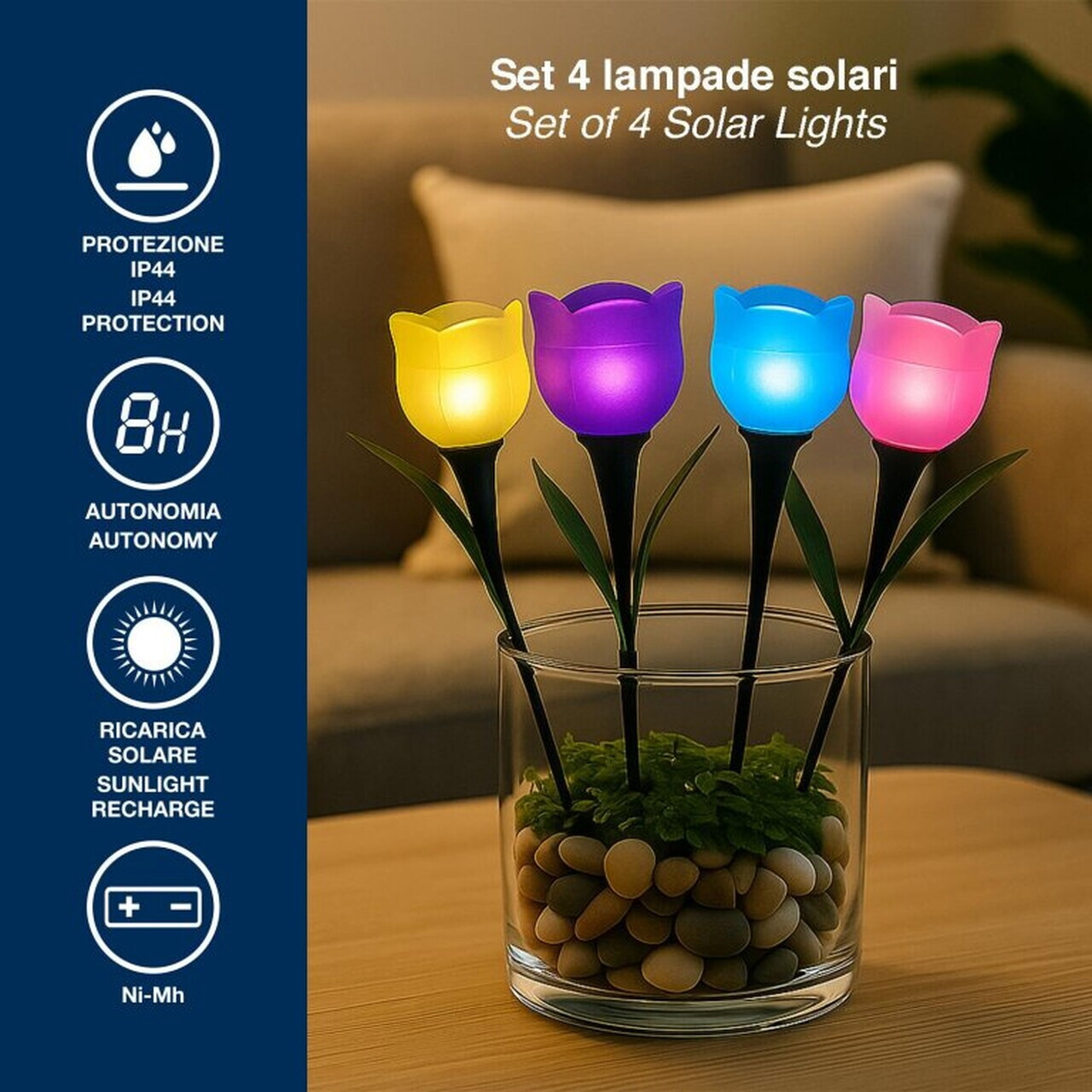 Set 4 lampi solare Tulipano, Beper, IP44, 5.7x29 cm, plastic, multicolor — imaginea 6