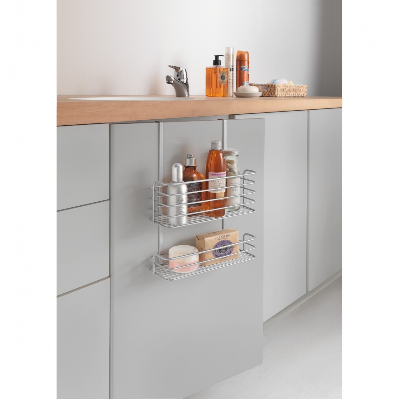 Polita suspendabila dubla pentru baie/bucatarie Oasis, Metaltex ,26x12x36 cm, metal/invelis de polytherm, argintiu - 1 | YEO