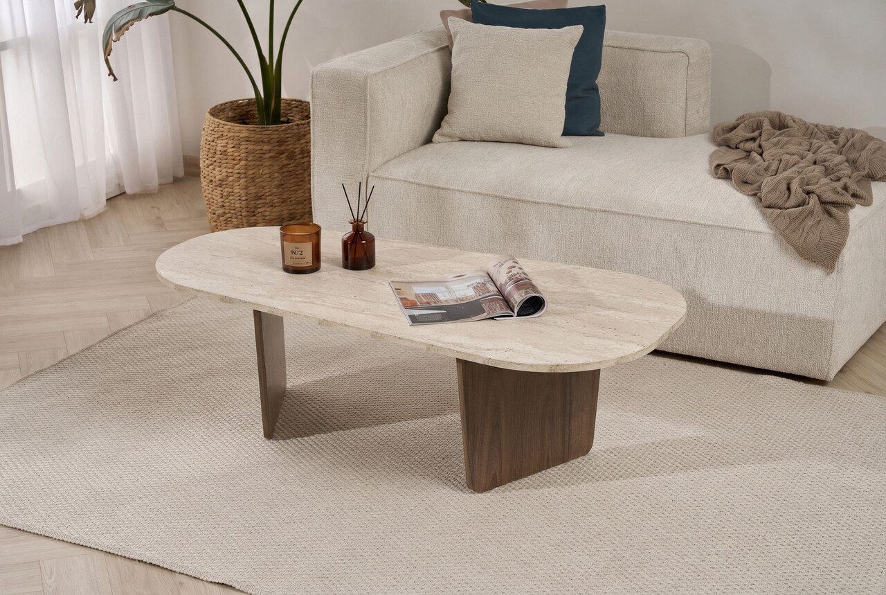 Masuta de cafea, Hanah Home, Ovalis, 130x40x65 cm, Travertin / Nuc - view 2