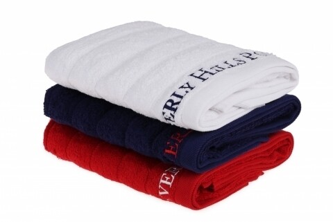 Set 3 prosoape de maini Beverly Hills Polo Club, 50x90 cm, 100% bumbac, Dark Blue/White/Red
