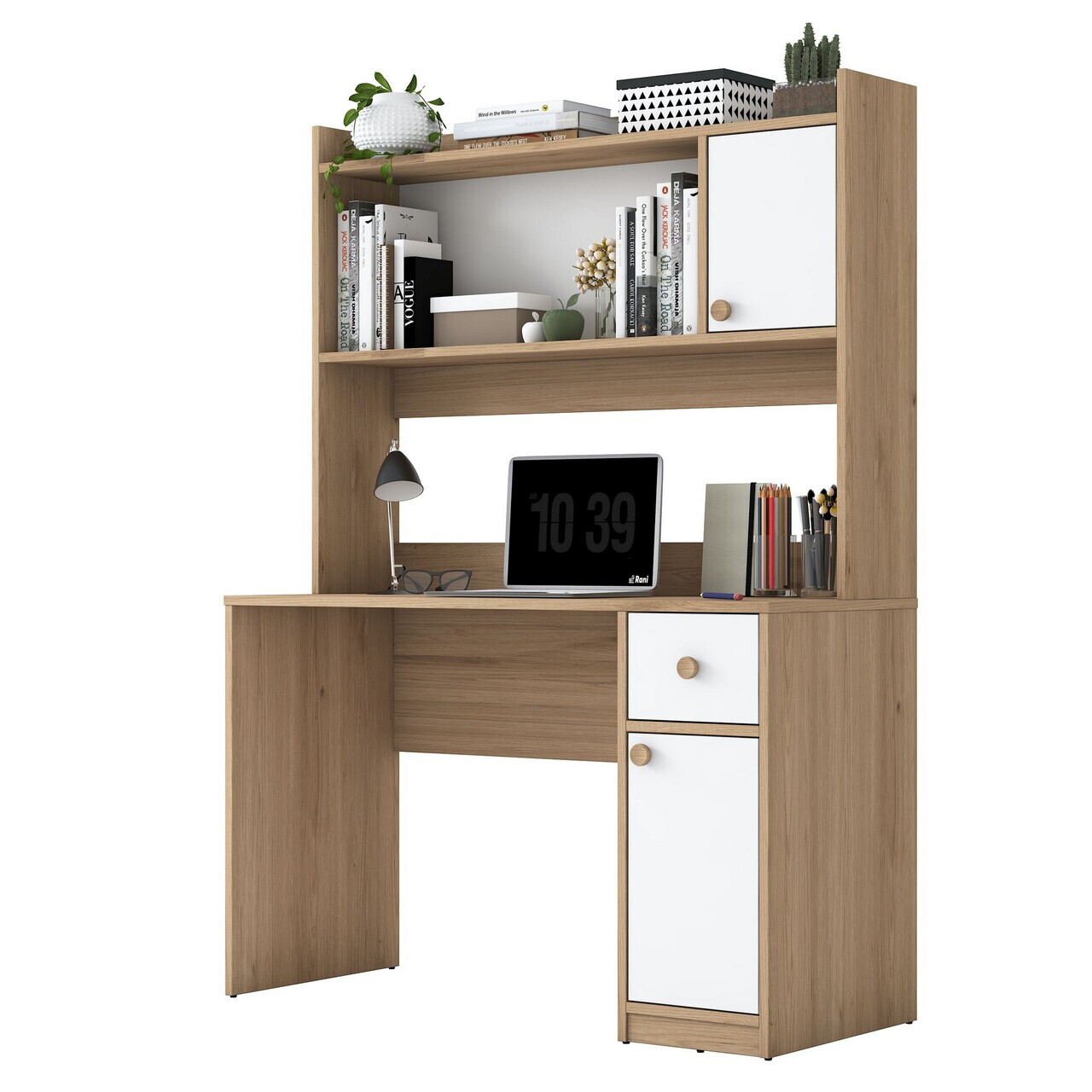 Set birou si biblioteca, Hanah Home, HA127, 120x166x50 cm, PAL melaminat, Nuc/Alb - view 6