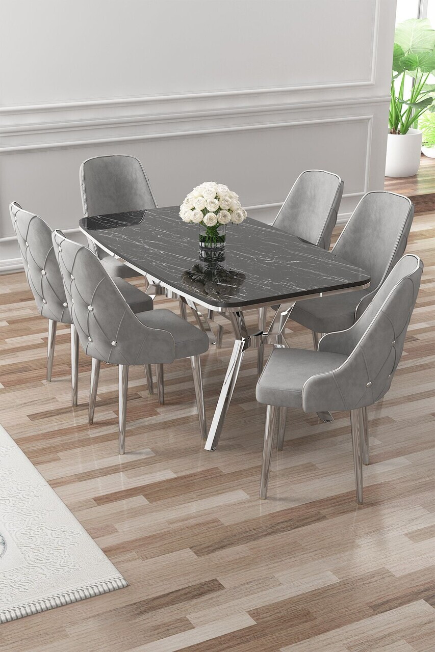 Set masa si scaune (7 piese), Hanah Home, Asel, Sonata / Crom / Gri