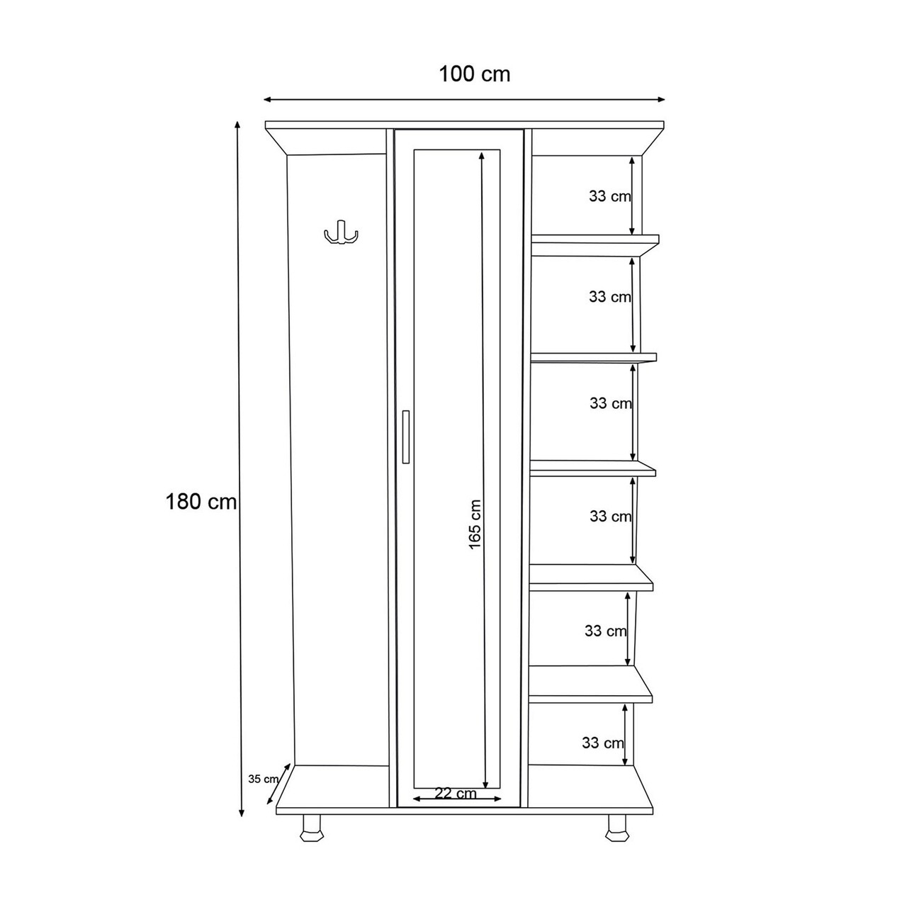 Cuier de perete, Lacivert, Ceviz, 100x180x35 cm, Stejar / Alb