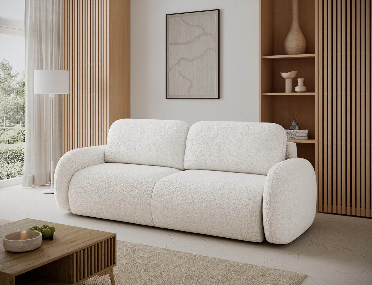 Canapea extensibila 3 locuri ELTAP, Avuela, 250x105x94 cm, lemn/tesatura boucle, alb — imaginea 3