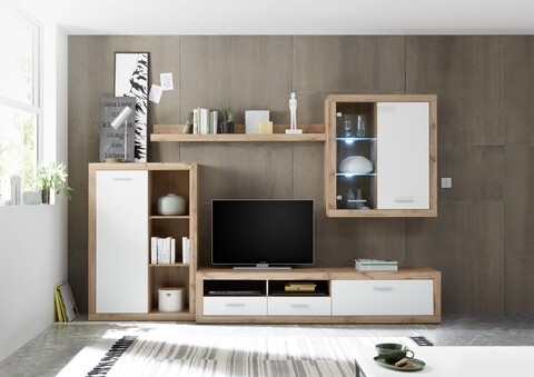 Mobilier living cu LED, 4 piese, Munchen, 290 x 48 x 195 cm, PAL, alb/stejar