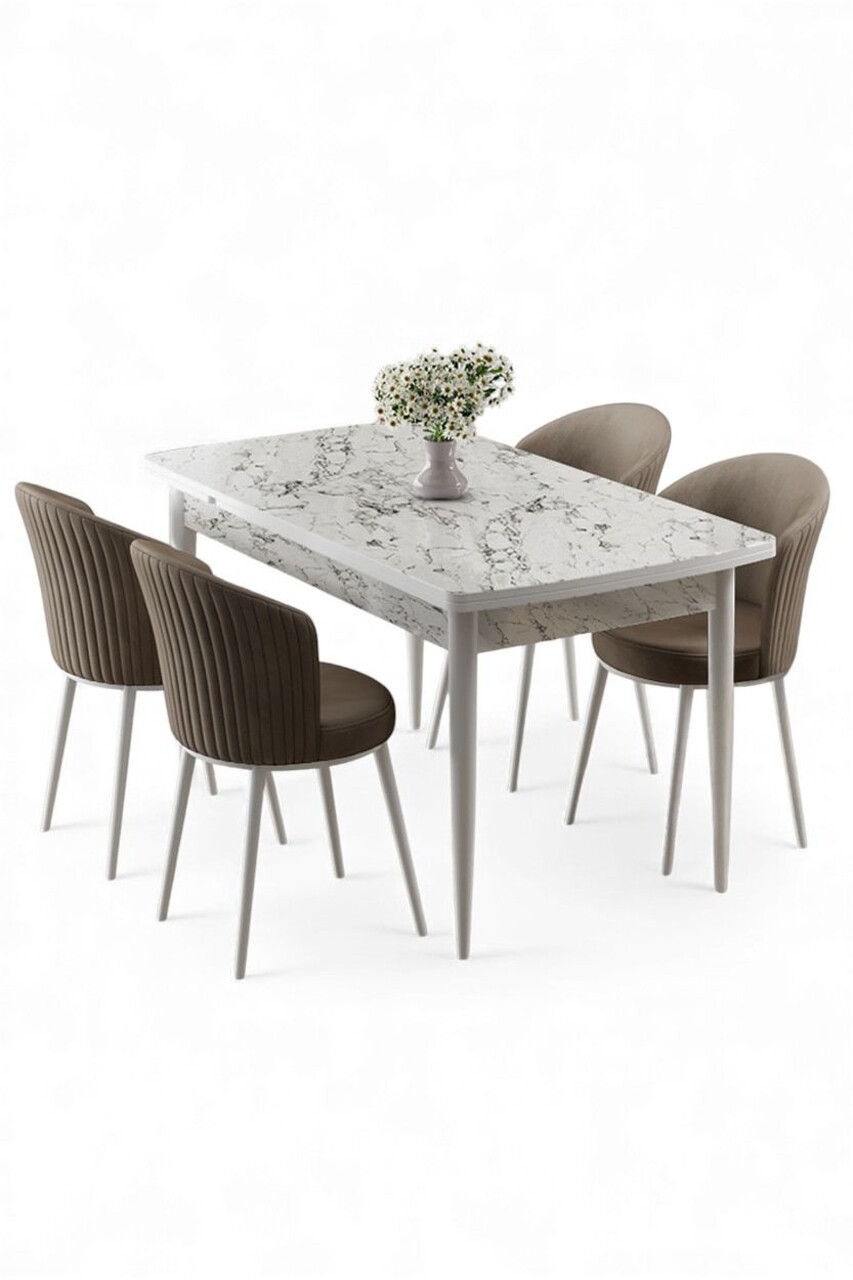 Set masă și scaune extensibile (5 Pieces), Hanah Home, Asfel, Marmură albă / Cappuccino - view 2