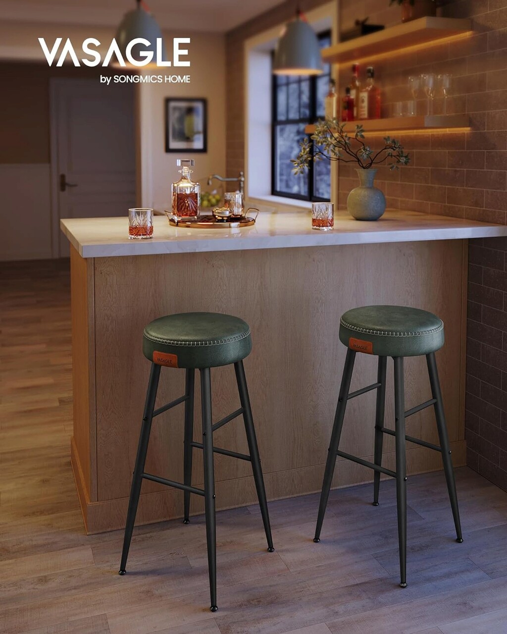 Set 2 Scaune De Bar Ekho, Vasagle, 51.6 X 51.6 X 75 Cm, Otel/piele Ecologica, Verde