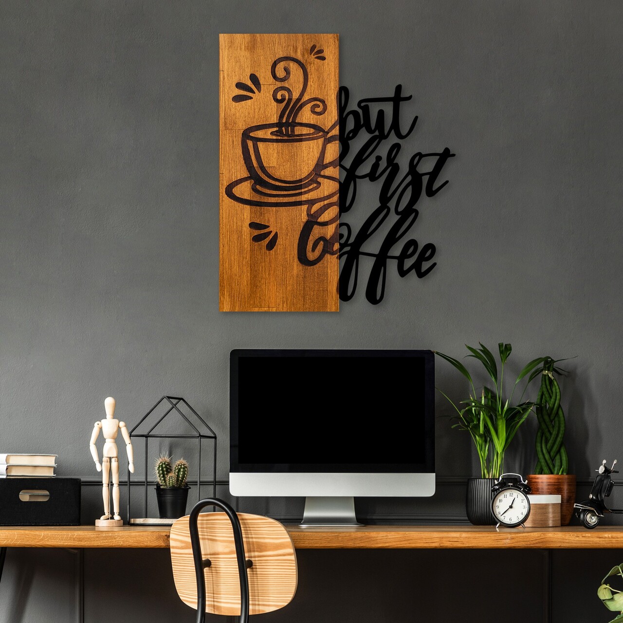 Decoratiune de perete, Coffee First, Lățime: 50 cm Înălțime: 58 cm Adâncime: 3 cm, Nuc / Negru - view 2