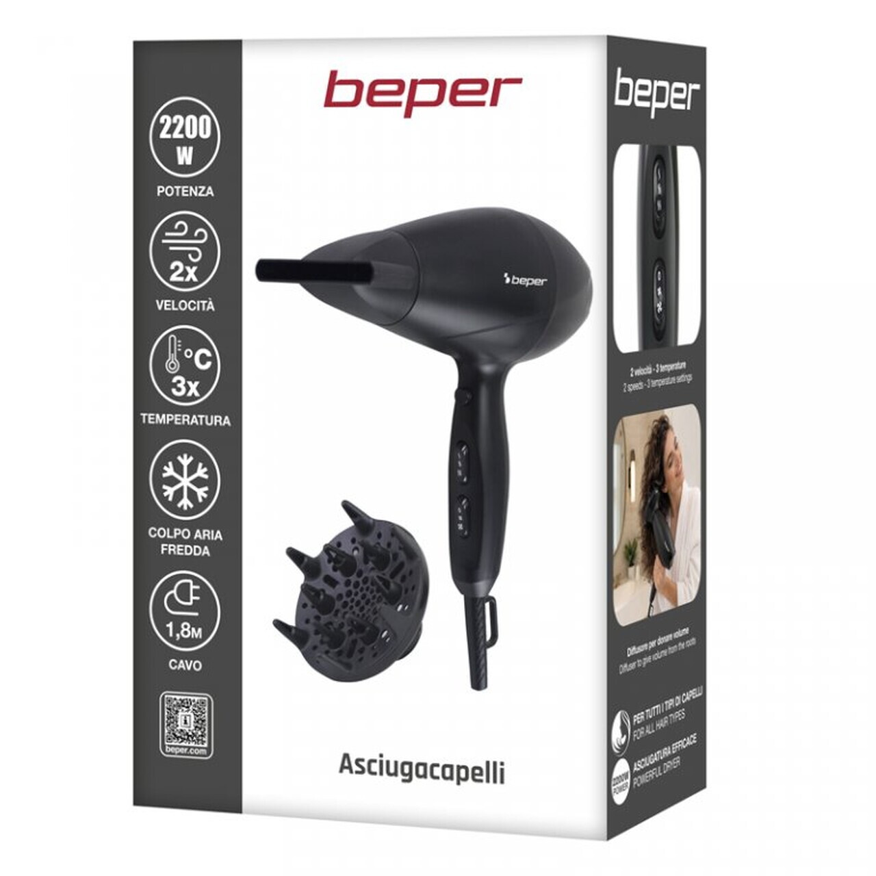 Uscator de par Beper, 2200W, 18x8x22 cm, 2 viteze, 3 trepte de temperatura, negru — imaginea 7
