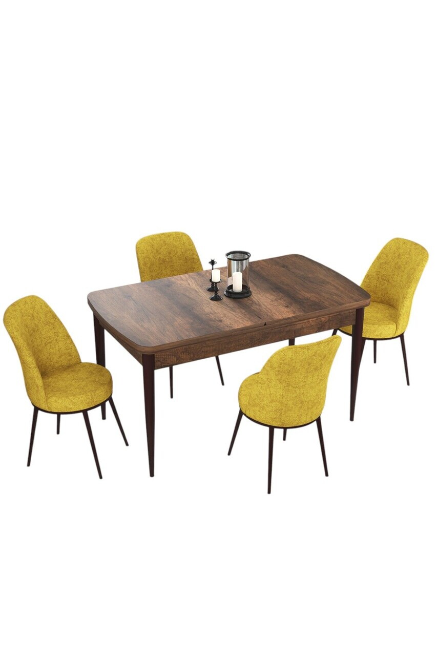 Set masa extensibila si scaune (5 piese), Hanah Home, Via, Model baroc din lemn / Muștar — imaginea 2