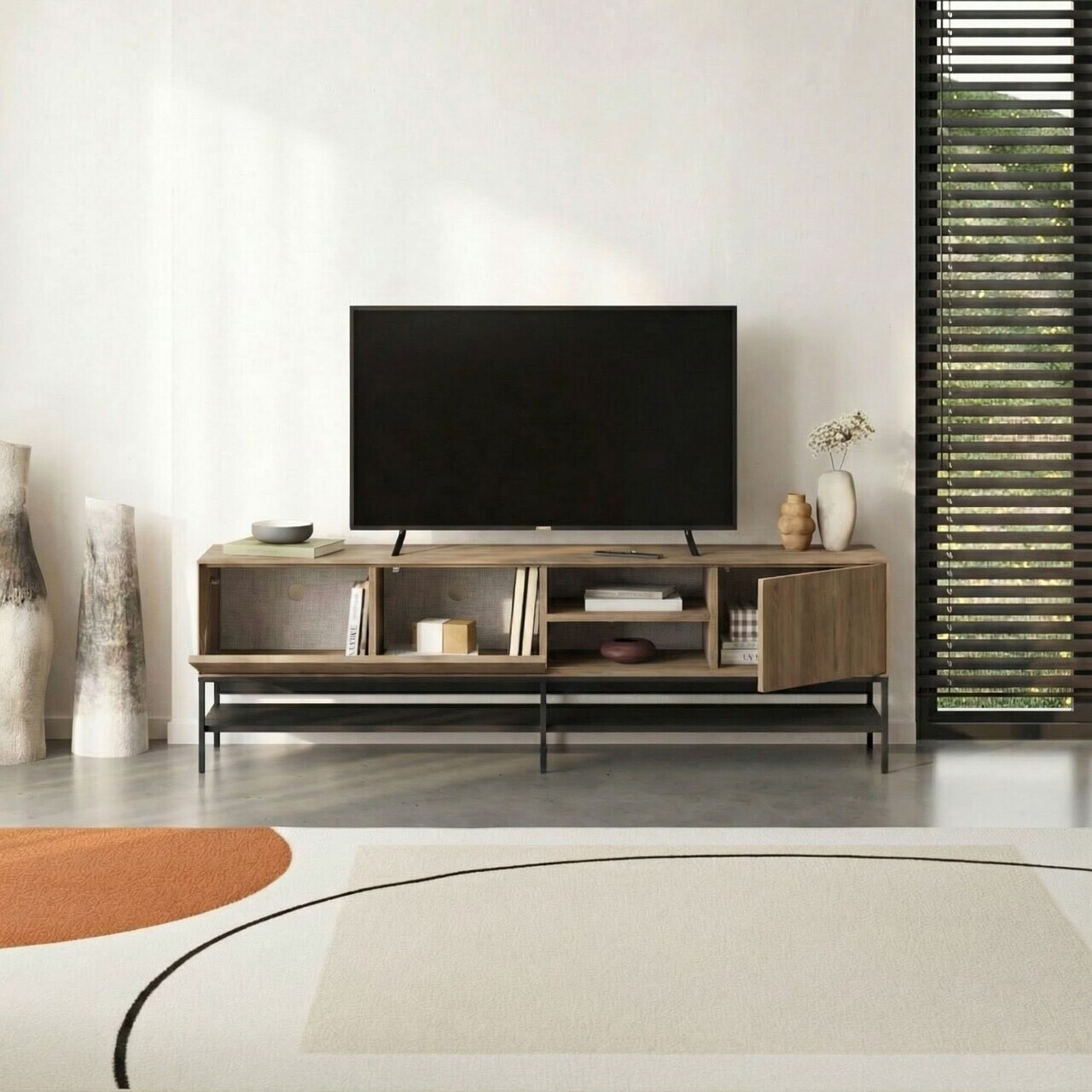 Comoda TV, Hanah Home, Amira, 180x55x35 cm, PAL, Stejar Sepet / Lemn Negru / Negru — imaginea 2