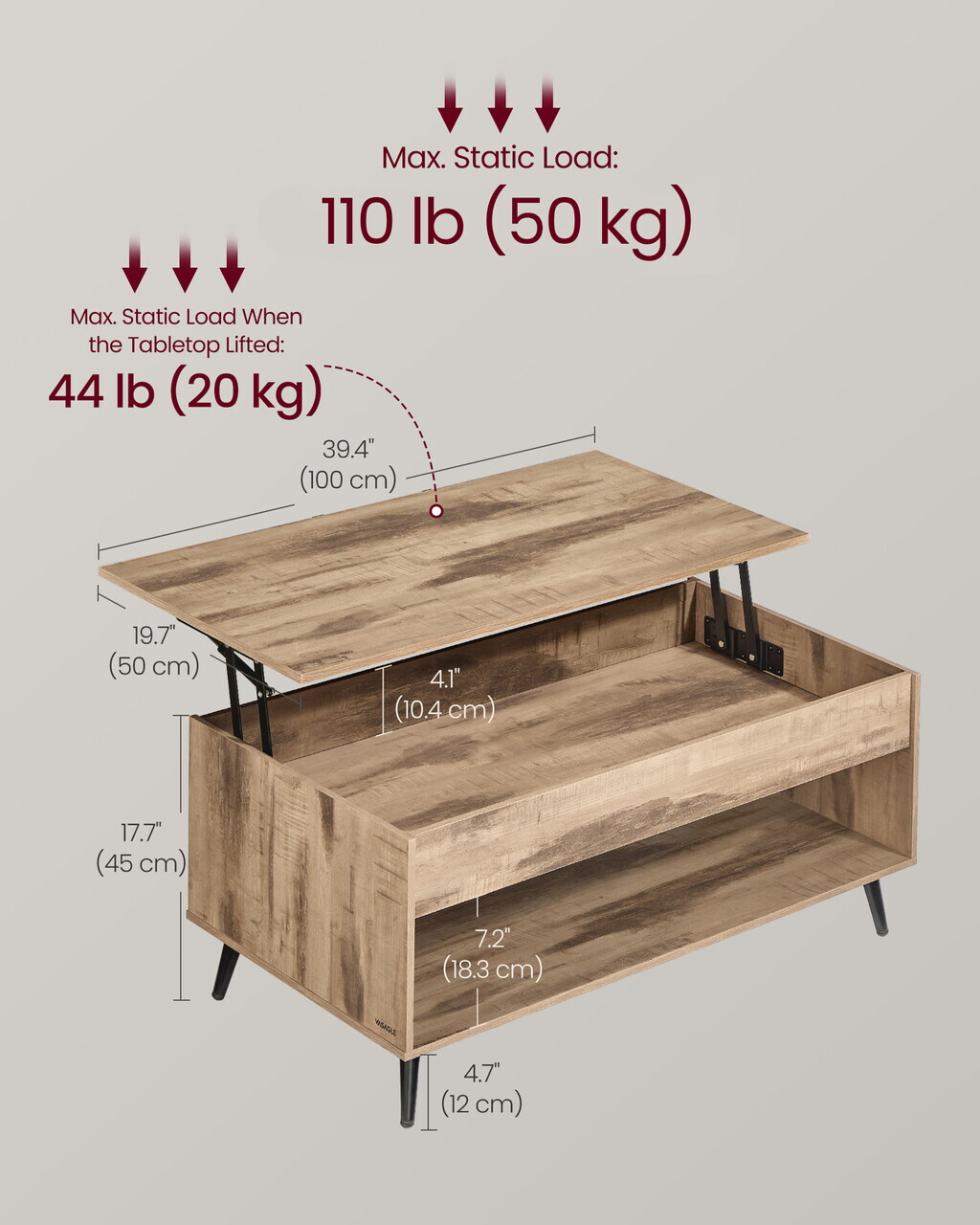 Masuta de cafea cu blat rabatabil, Vasagle, 100x50x45-58.5 cm, max 90 kg, otel/PAL, camel — imaginea 6