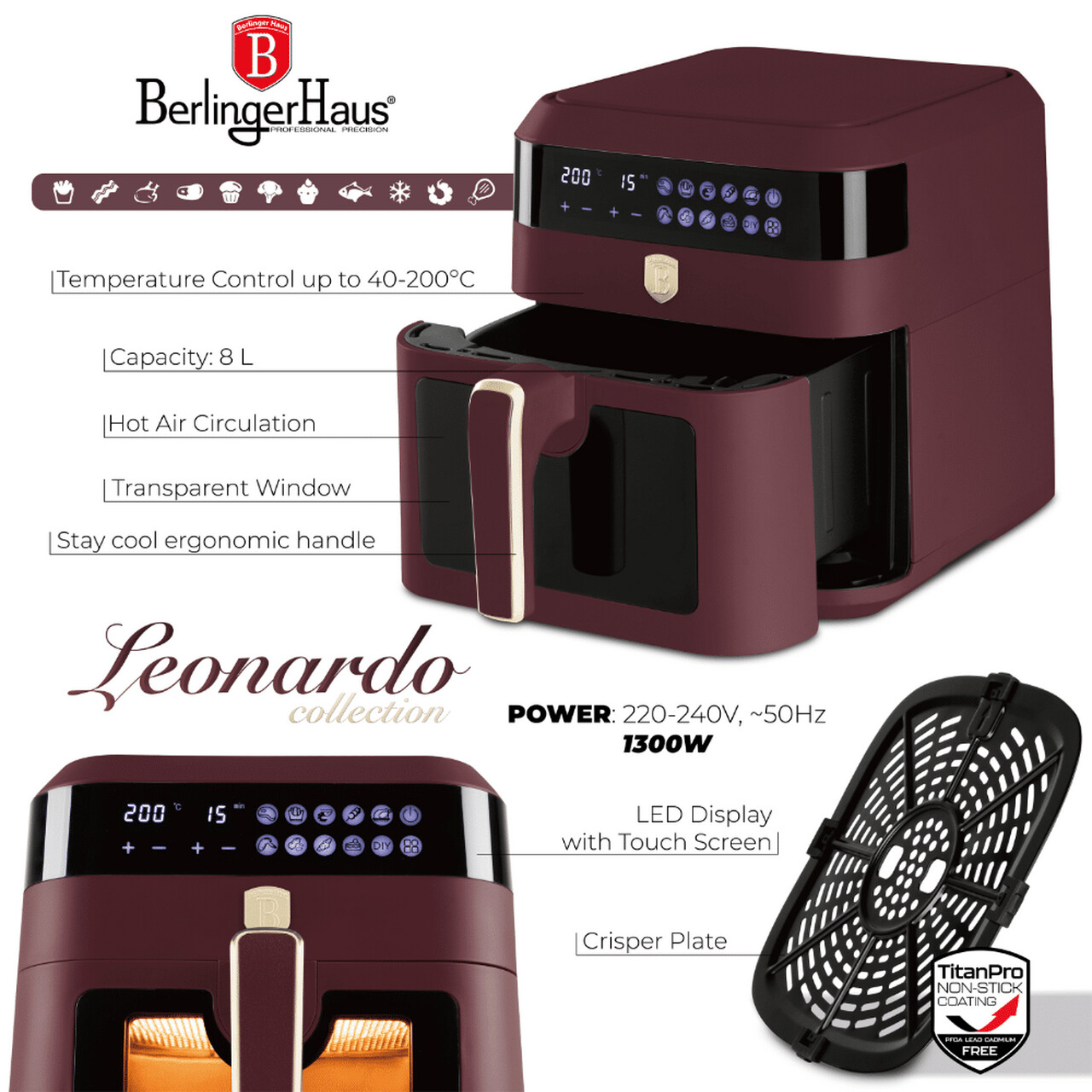 Friteuza cu aer cald si fereastra Berlinger Haus, Leonardo, 6.3 L, 1300W, visiniu mat - imagine 8