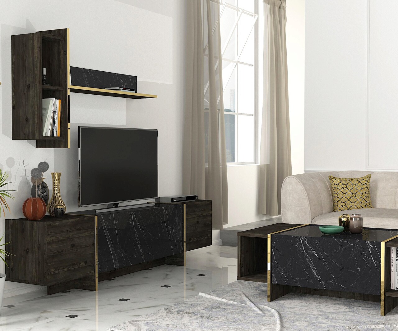 Set mobilier living, Hanah Home, Veyron Set 1, Negru - imagine 4