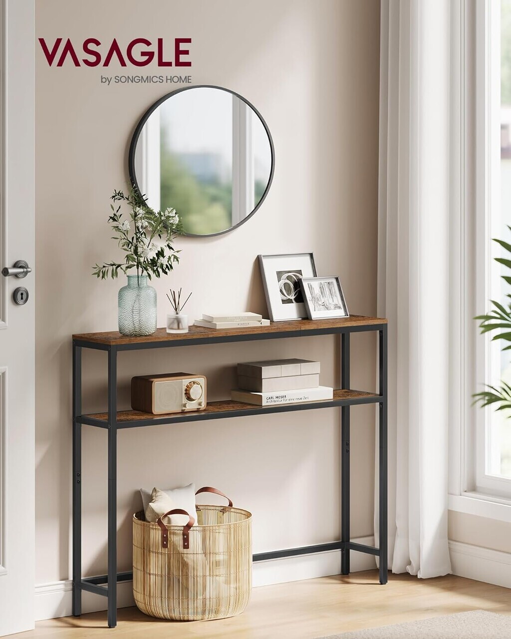 Consola cu 2 rafturi, Vasagle, 120x20x80 cm, PAL/otel, maro rustic/negru - imagine 8