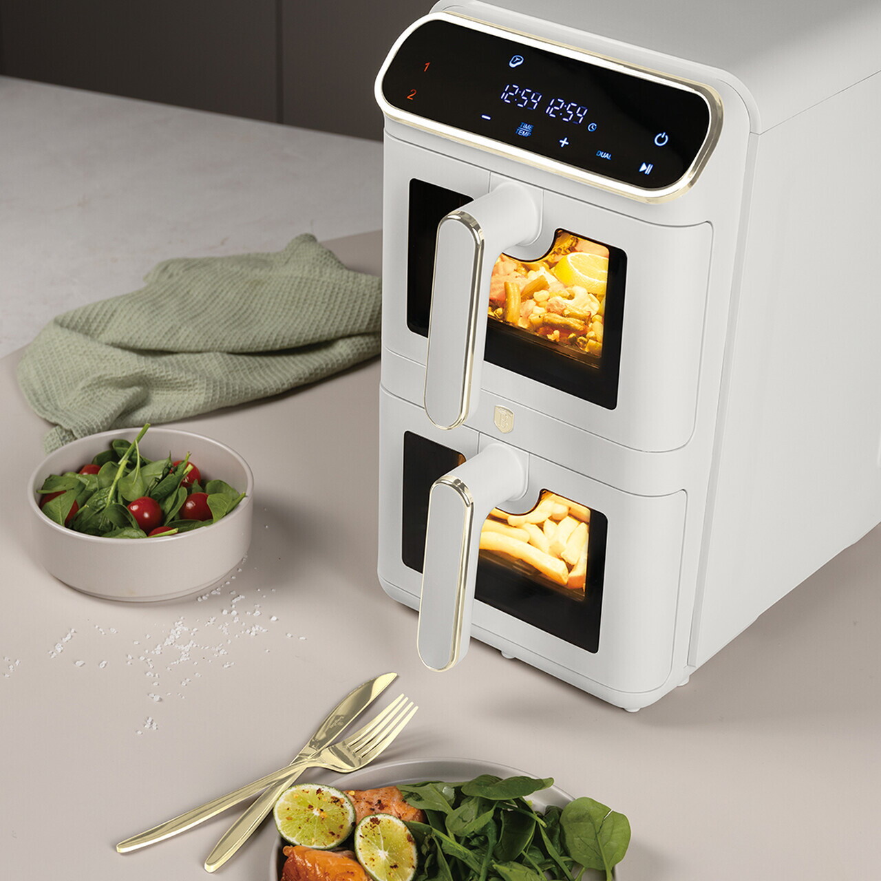 Friteuza dubla cu aer cald Berlinger Haus, Sahara, 2460W, 5.5+5.5 L, crem mat - imagine 2